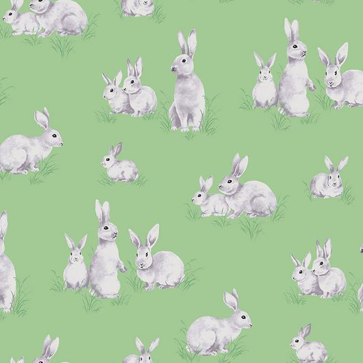 Обои в детскую с крупным рисунком животных в виде семейства кроликов на нежно зеленом фоне